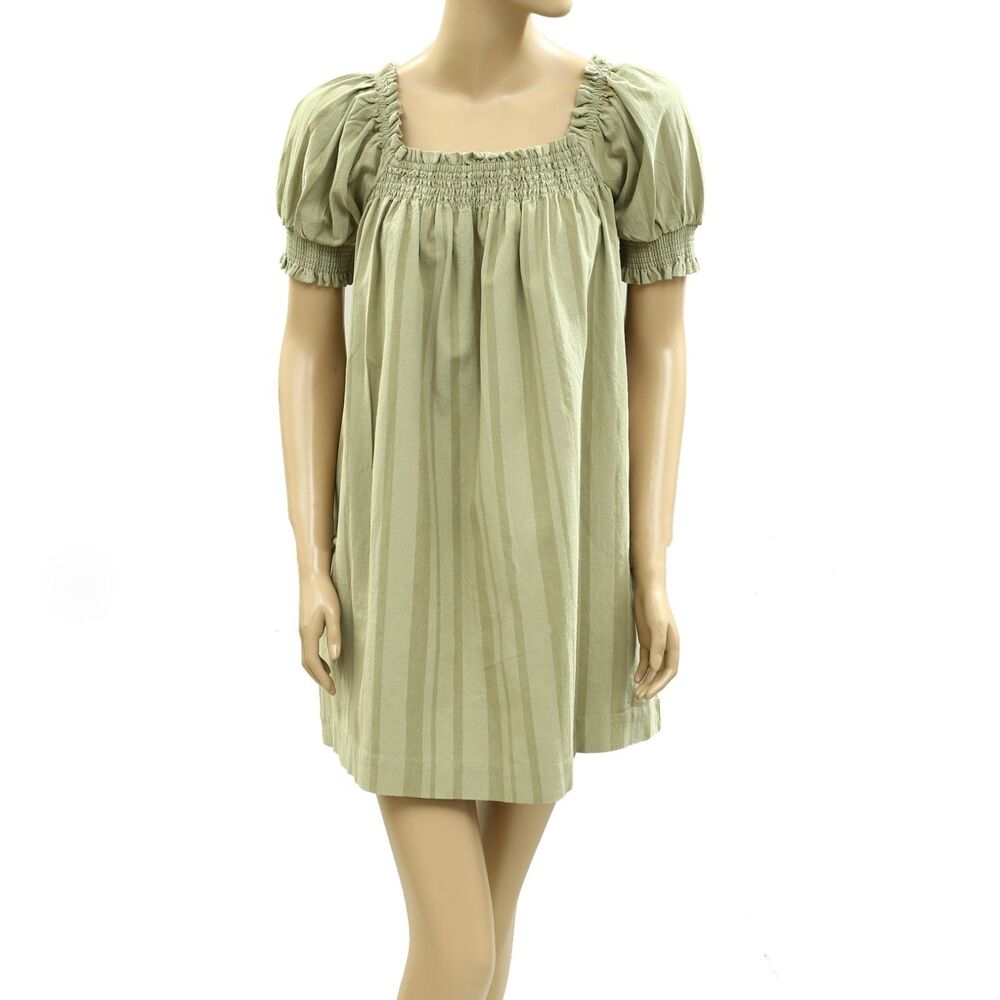 Free People Est Mila Mini Dress Smocked Puff Sleeve Stripe Shift Green S 285556